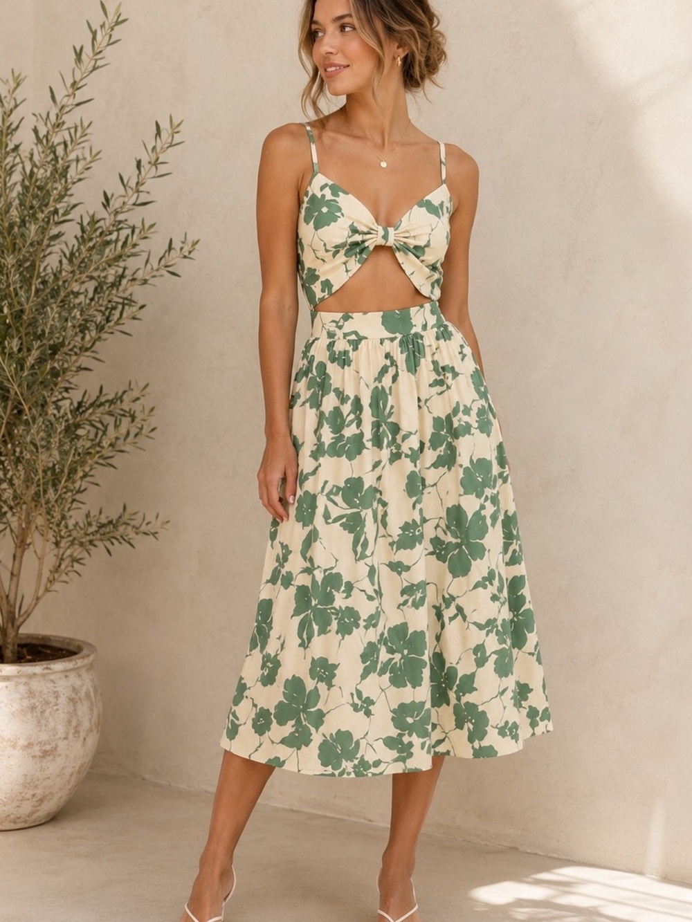 Pink Ripple Floral Print Cut Out Midi Dress